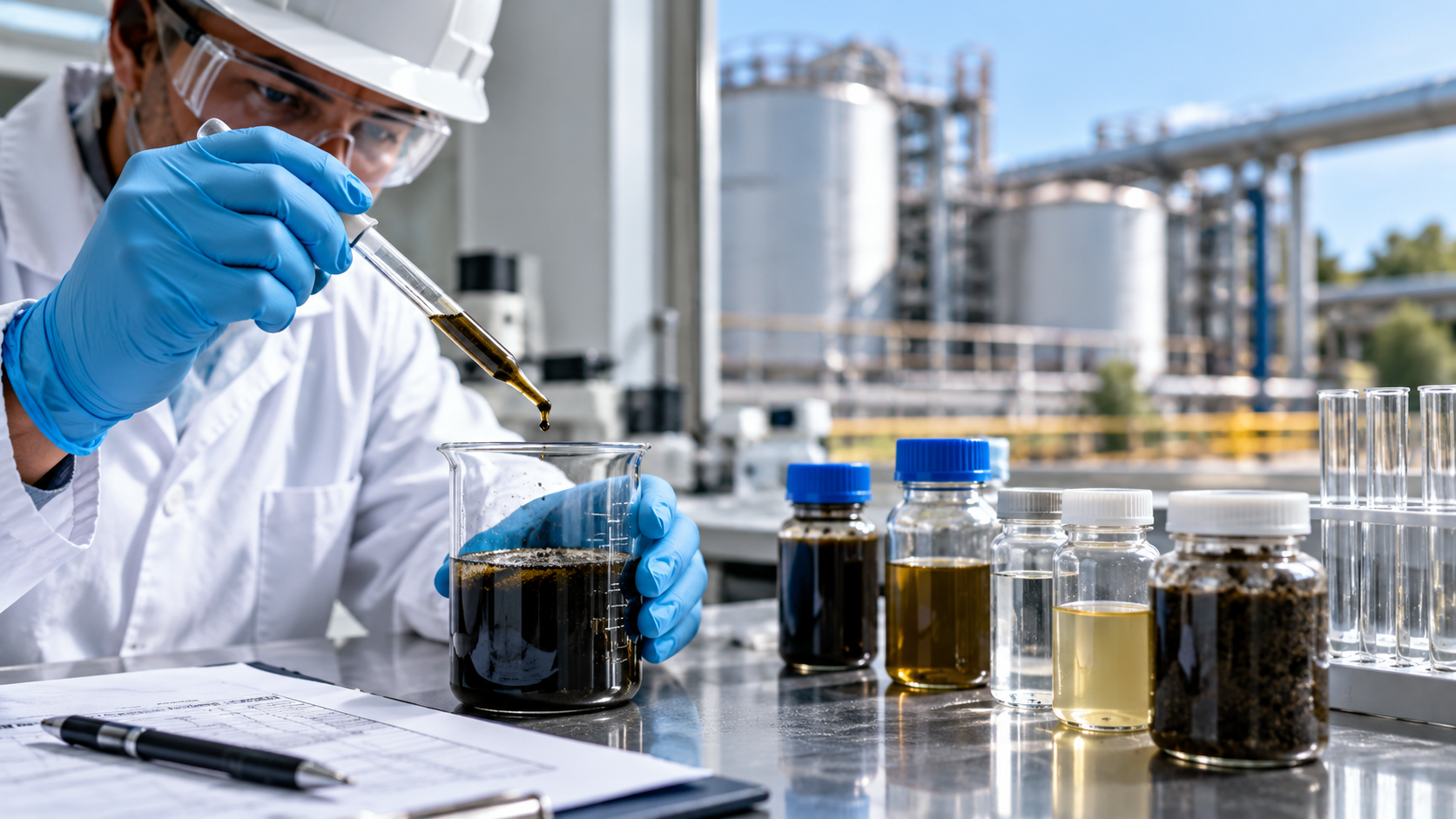 Technician testing a liquid waste sample.
