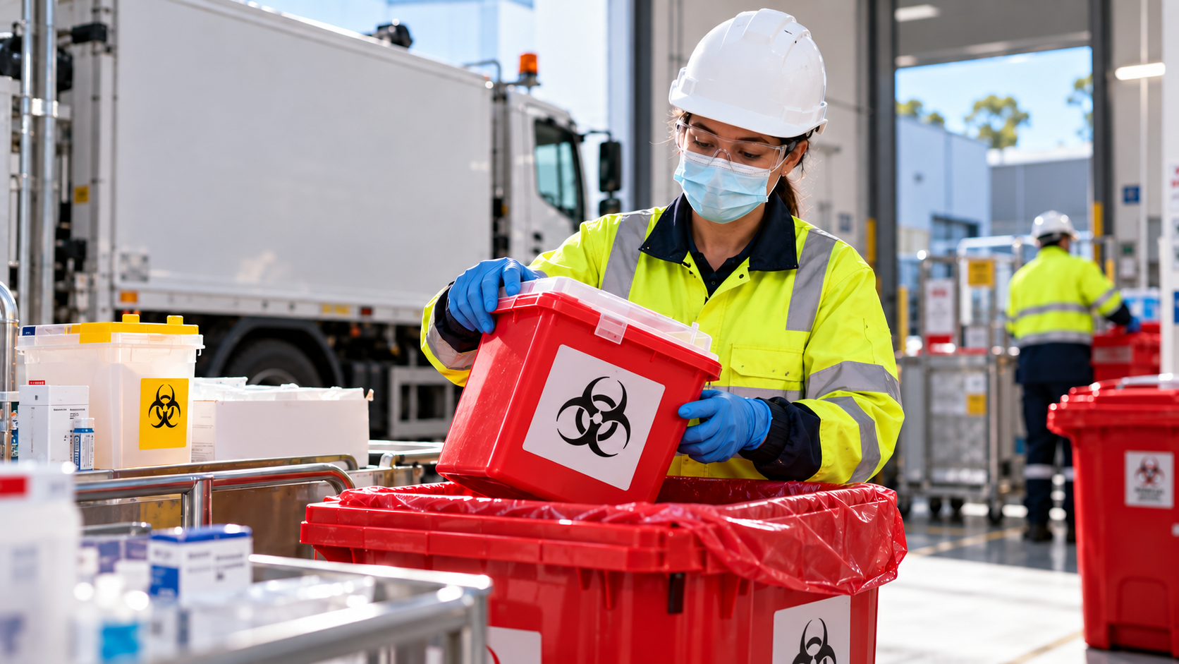 Worker handling a clinical waste container.