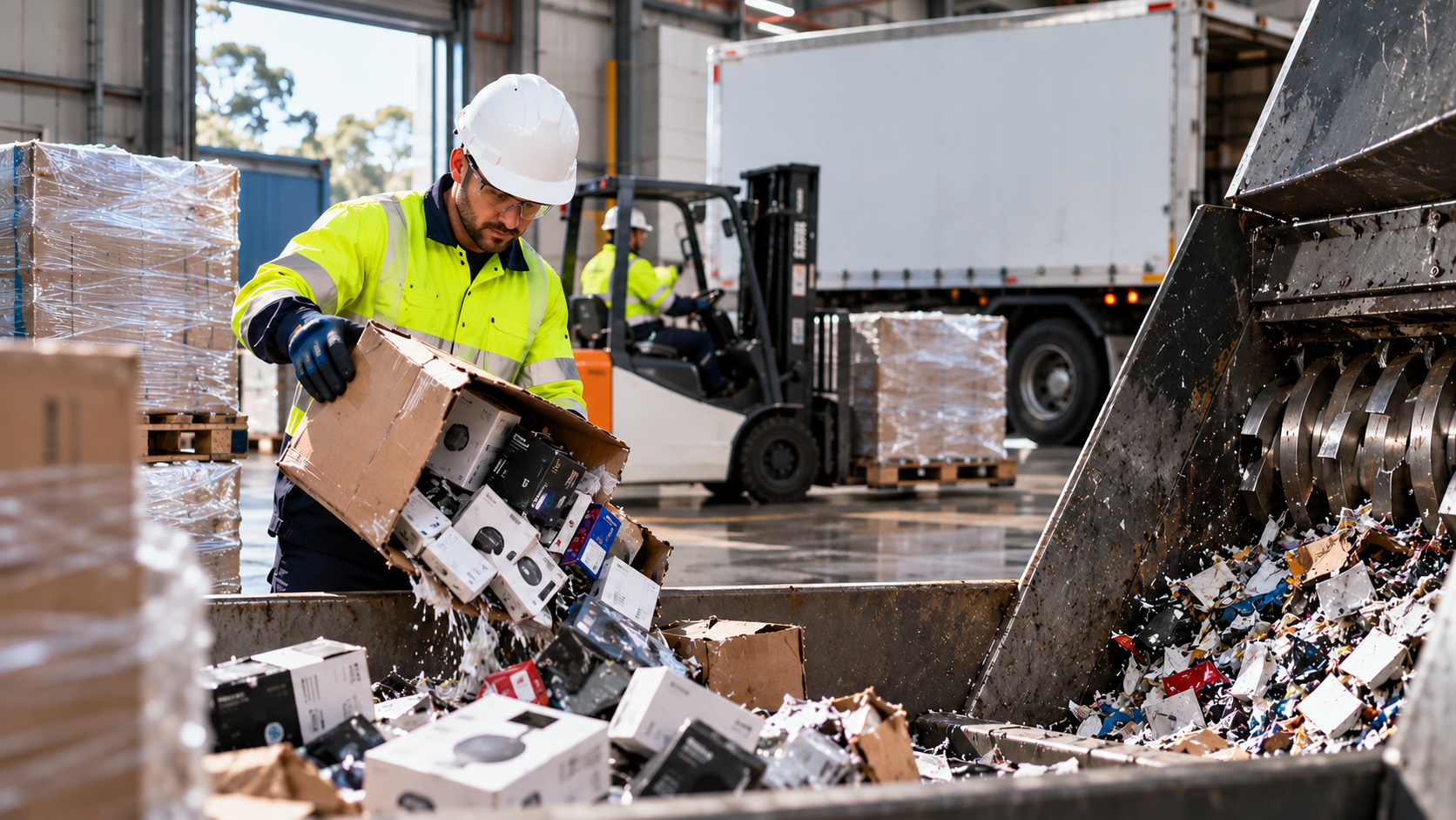 Worker disposing of electronic products for destruction.