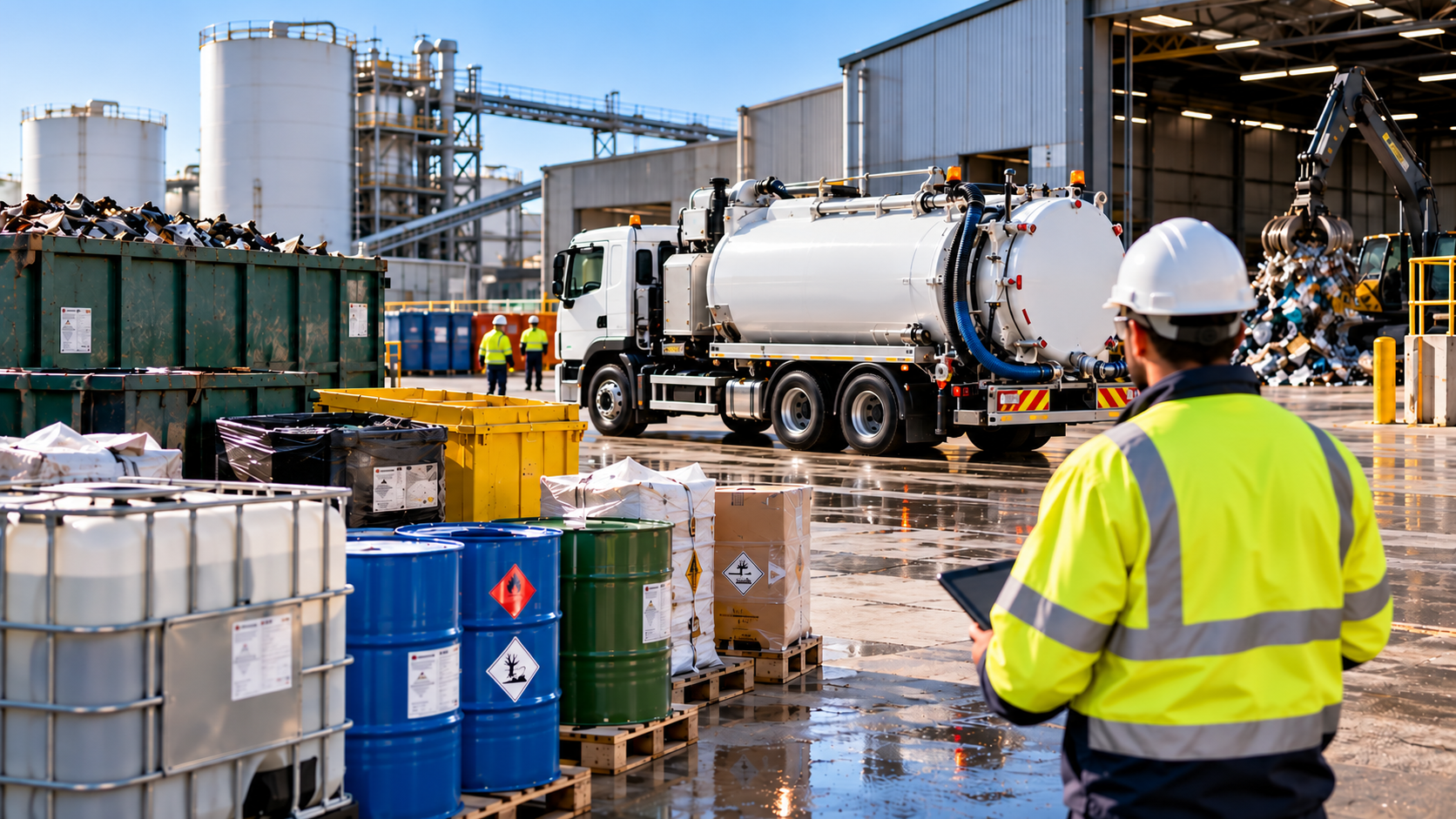 Industrial waste management facility with tanker and chemical drums.