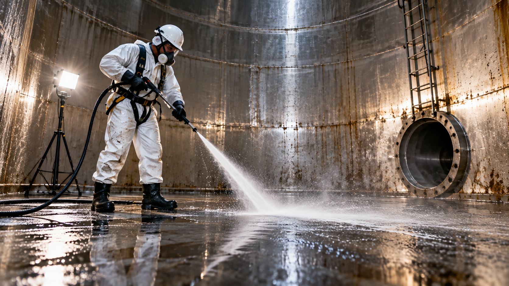Worker pressure washing an industrial storage tank.