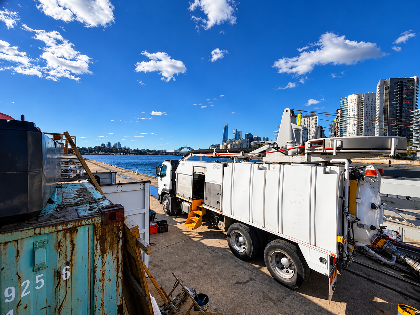 Liquid waste collection truck near Sydney Harbour.