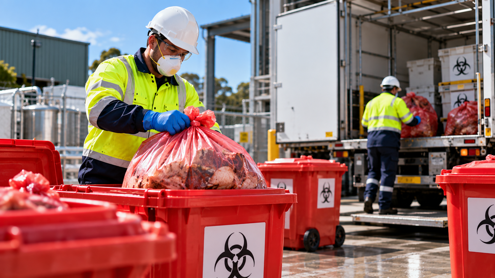 Worker placing biosecurity waste into a red bin.