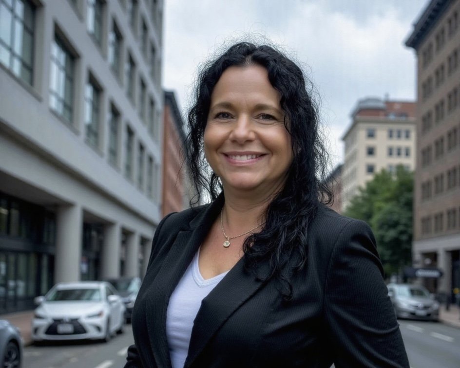 A smiling woman with dark curly hair, wearing a black blazer and a white top, standing outdoors in an urban area with tall buildings and parked cars around her.