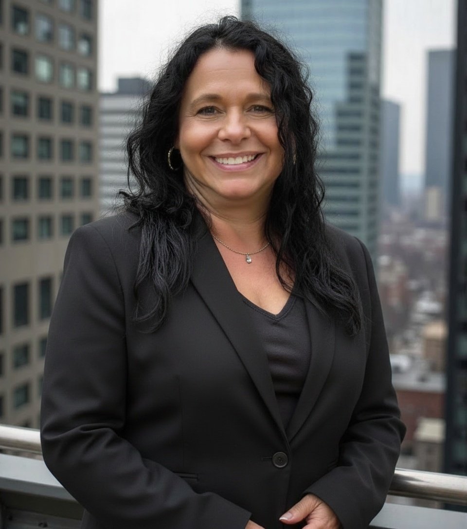 A smiling woman with long curly black hair wearing a black blazer and a necklace standing on a balcony with a cityscape of tall buildings in the background.