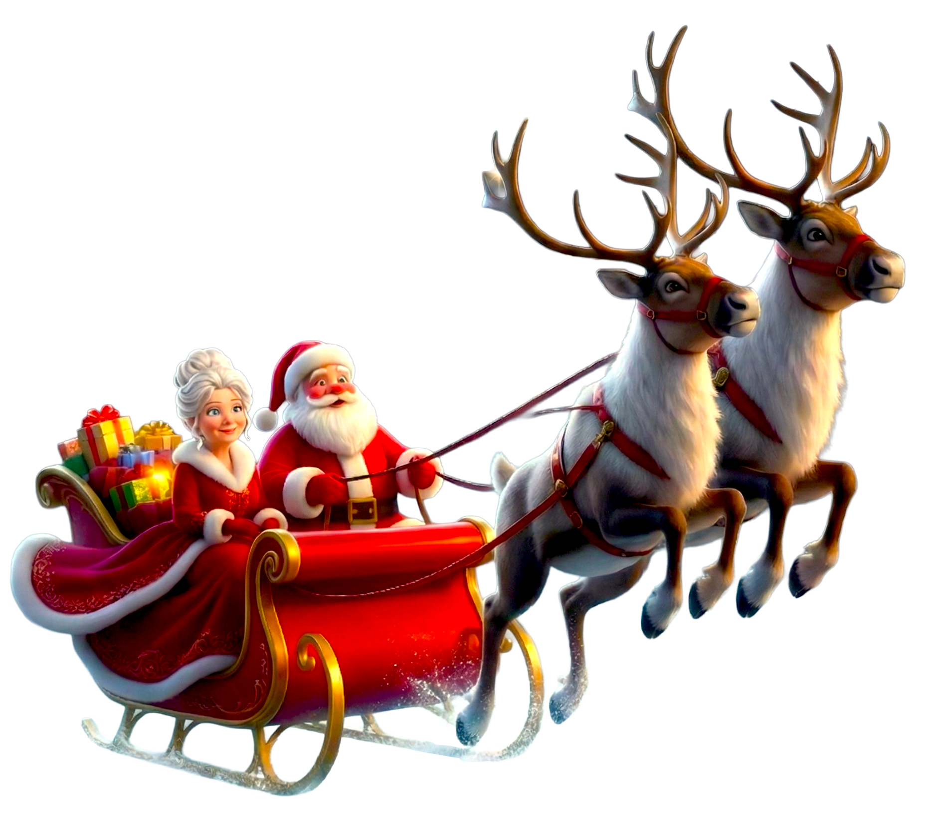 Colorful Christmas scene featuring Santa Claus in a sleigh filled with presents, holding the reins of two reindeer with prominent antlers, against a dark background.