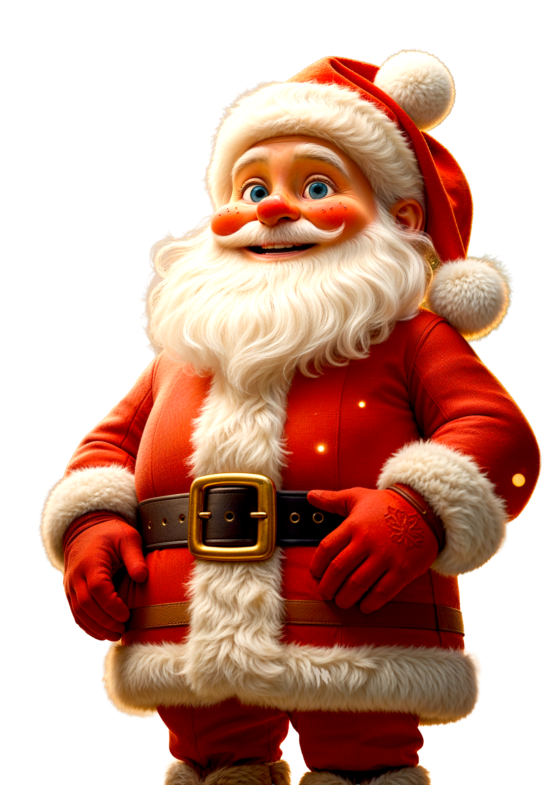 Santa Claus with blue eyes, red cheeks, wearing a red and white fur-lined suit, red gloves, a red hat with white pom-pom, standing with hands on his belt buckle.