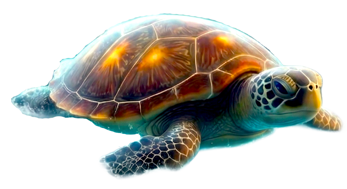 A realistic digital illustration of a sea turtle swimming underwater.