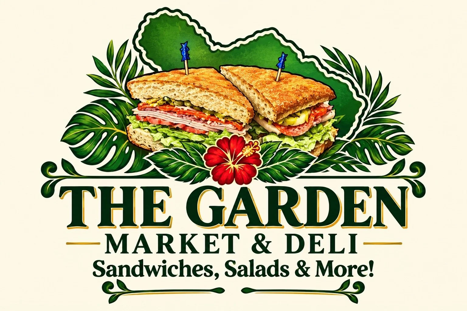 Illustration of a sandwich with sliced bread, lettuce, tomato, meats, and pickles, surrounded by tropical leaves and a red hibiscus flower, with text reading "The Garden Market & Deli" and "Sandwiches, Salads & More!"