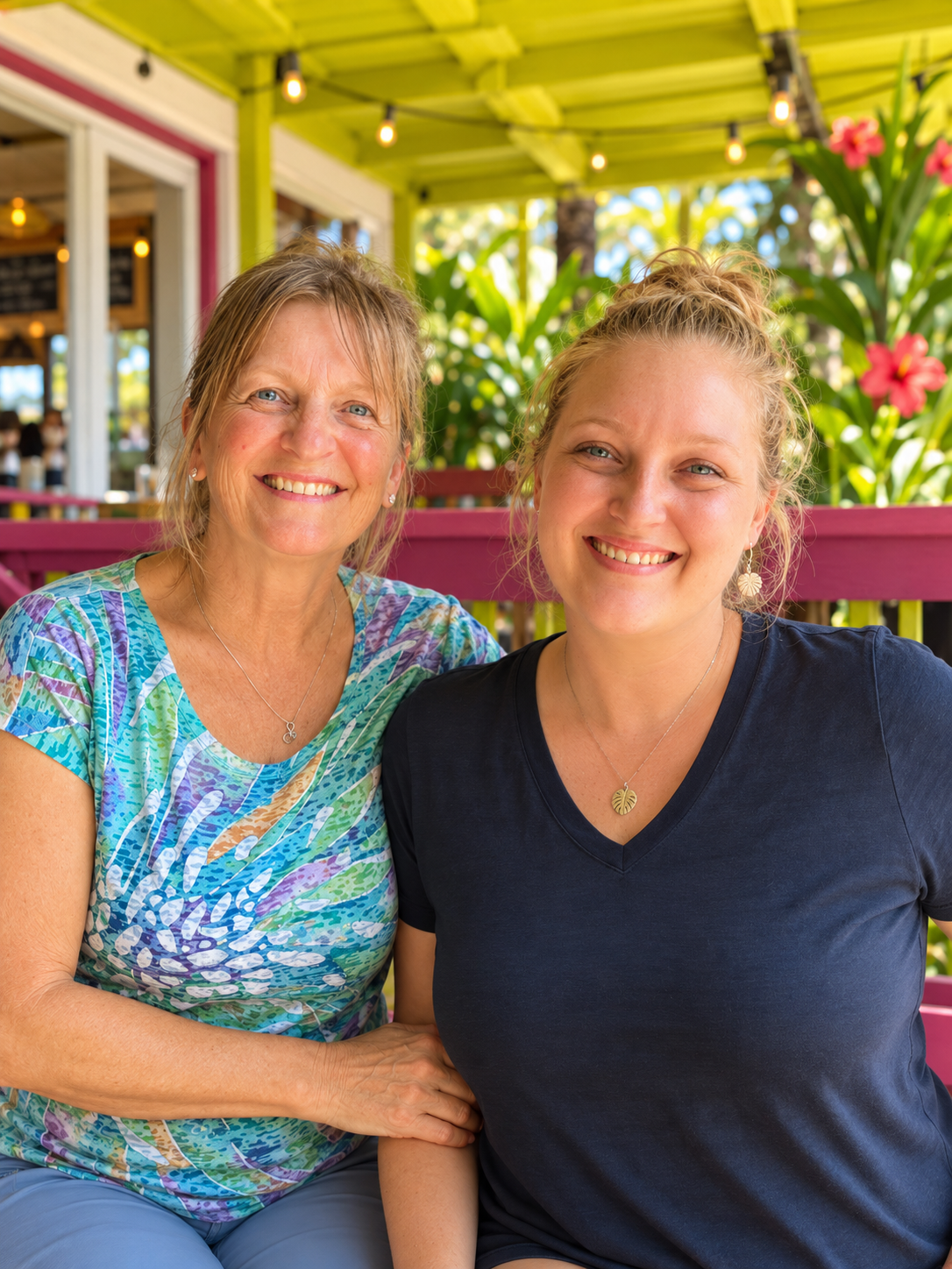 Two smiling women sitting close together on a porch with plants and string lights behind them.