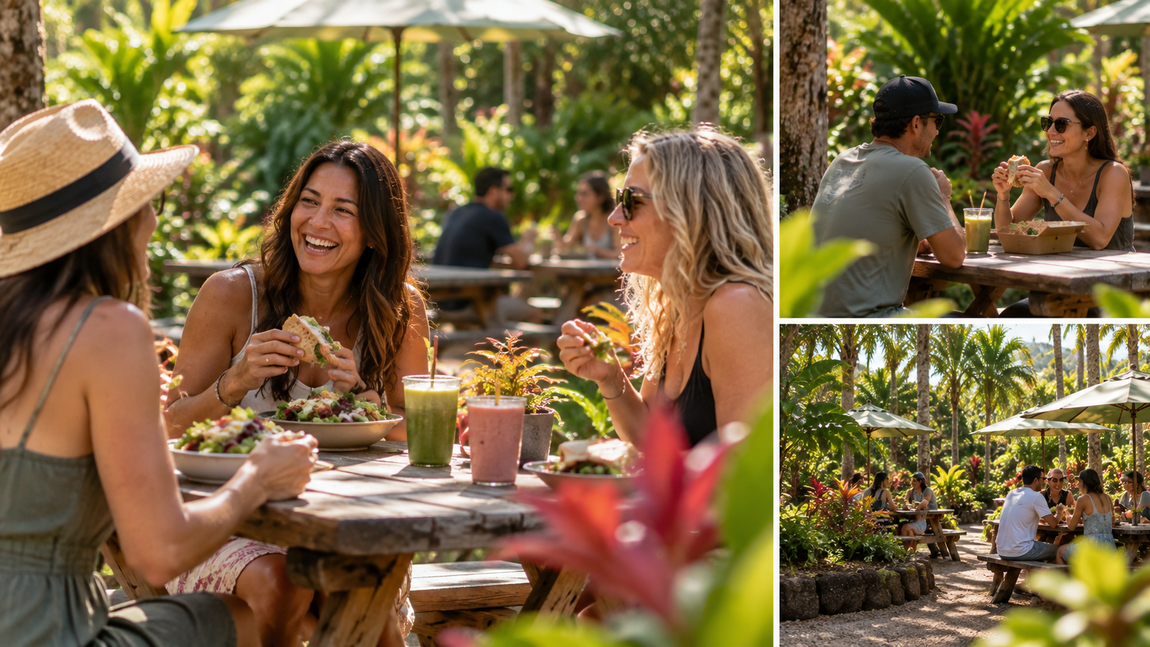 Group of people enjoying a meal outdoors at a tropical garden restaurant with lush green foliage and palm trees, sitting at wooden picnic tables with umbrellas.
