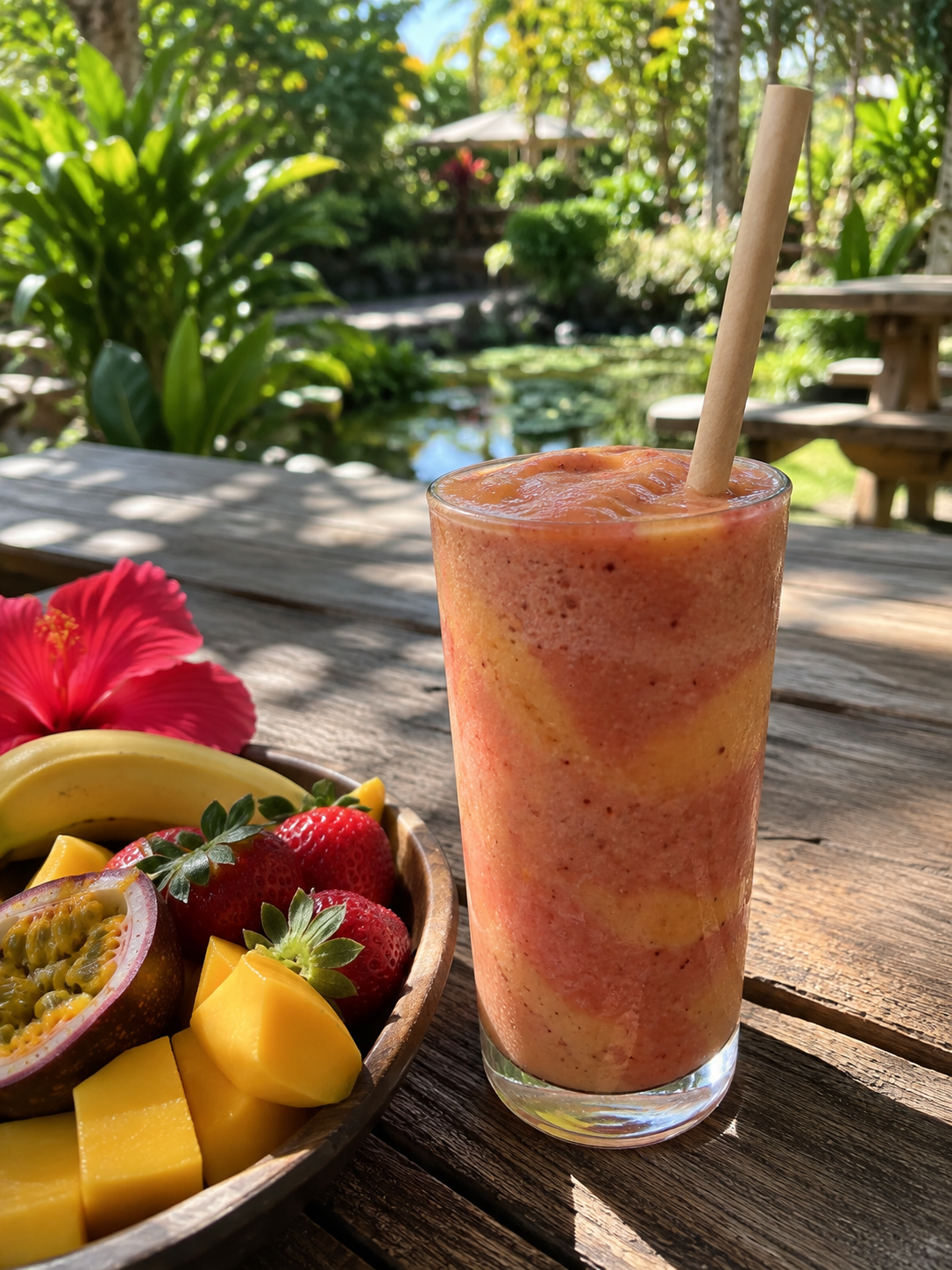 A glass of blended fruit smoothie with a straw on a wooden table outdoors, with a bowl of fresh fruit including strawberries, mango, banana, and passion fruit nearby, in a lush garden setting.