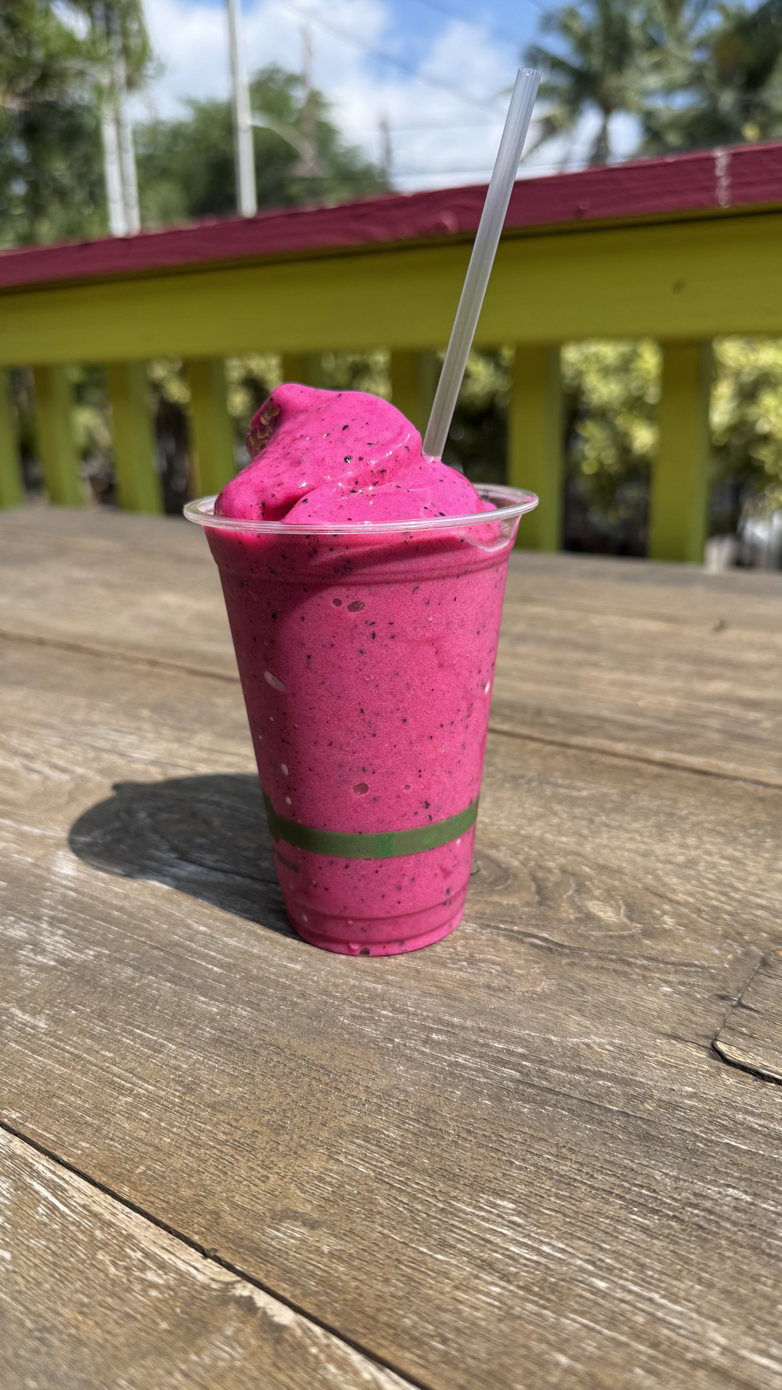 A pink smoothies with black seeds in a clear plastic cup with a green stripe, placed on a wooden table outdoors with trees and sky in the background.