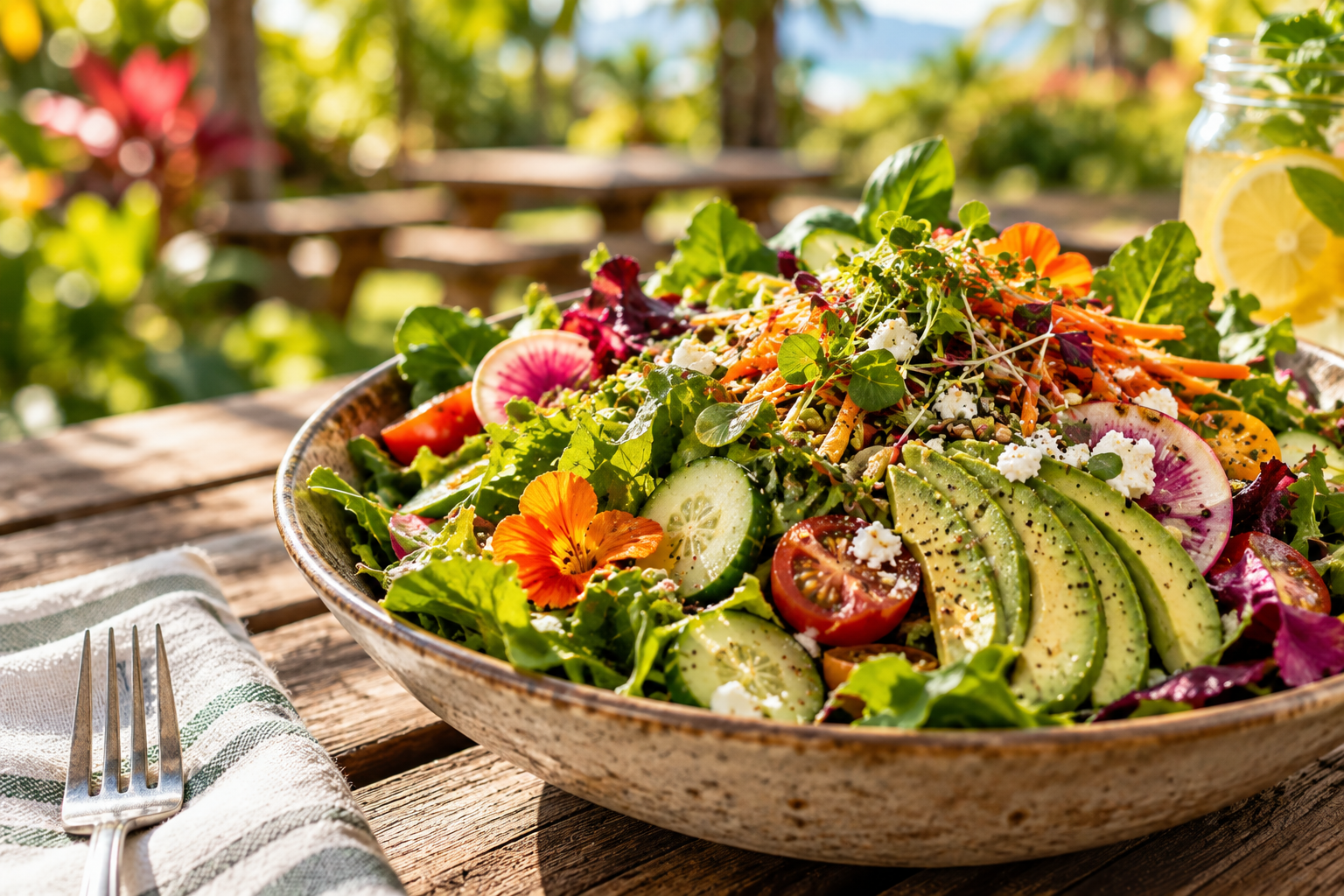 Fresh vegetable salad with cucumbers, cherry tomatoes, radishes, shredded carrots, greens, and edible flowers on a rustic outdoor table with a glass jar of lemon water and a fork on a striped napkin.