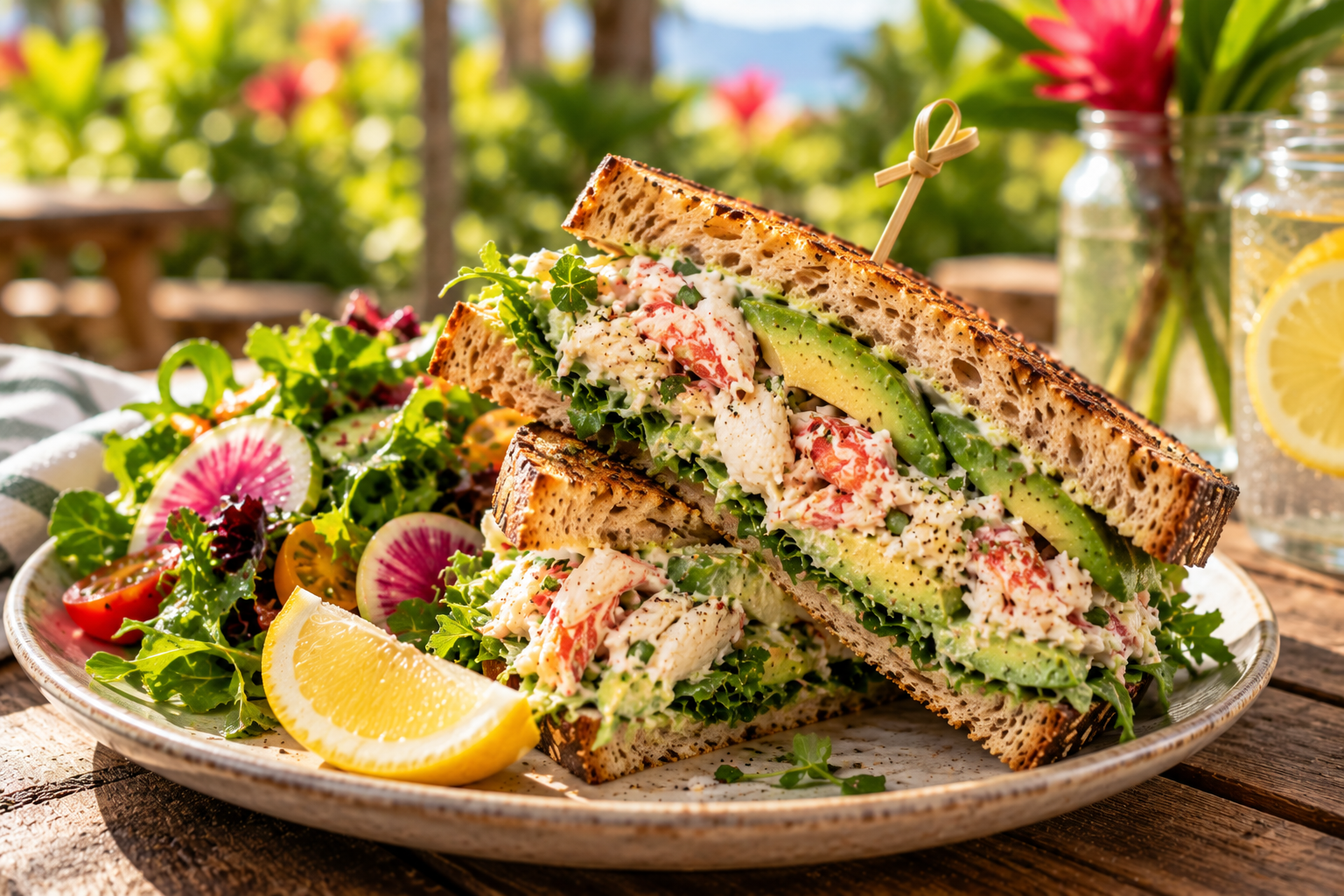 A plate with a grilled chicken salad sandwich on toasted bread and a side salad with vegetables and greens, served outdoors with lemon water in the background.
