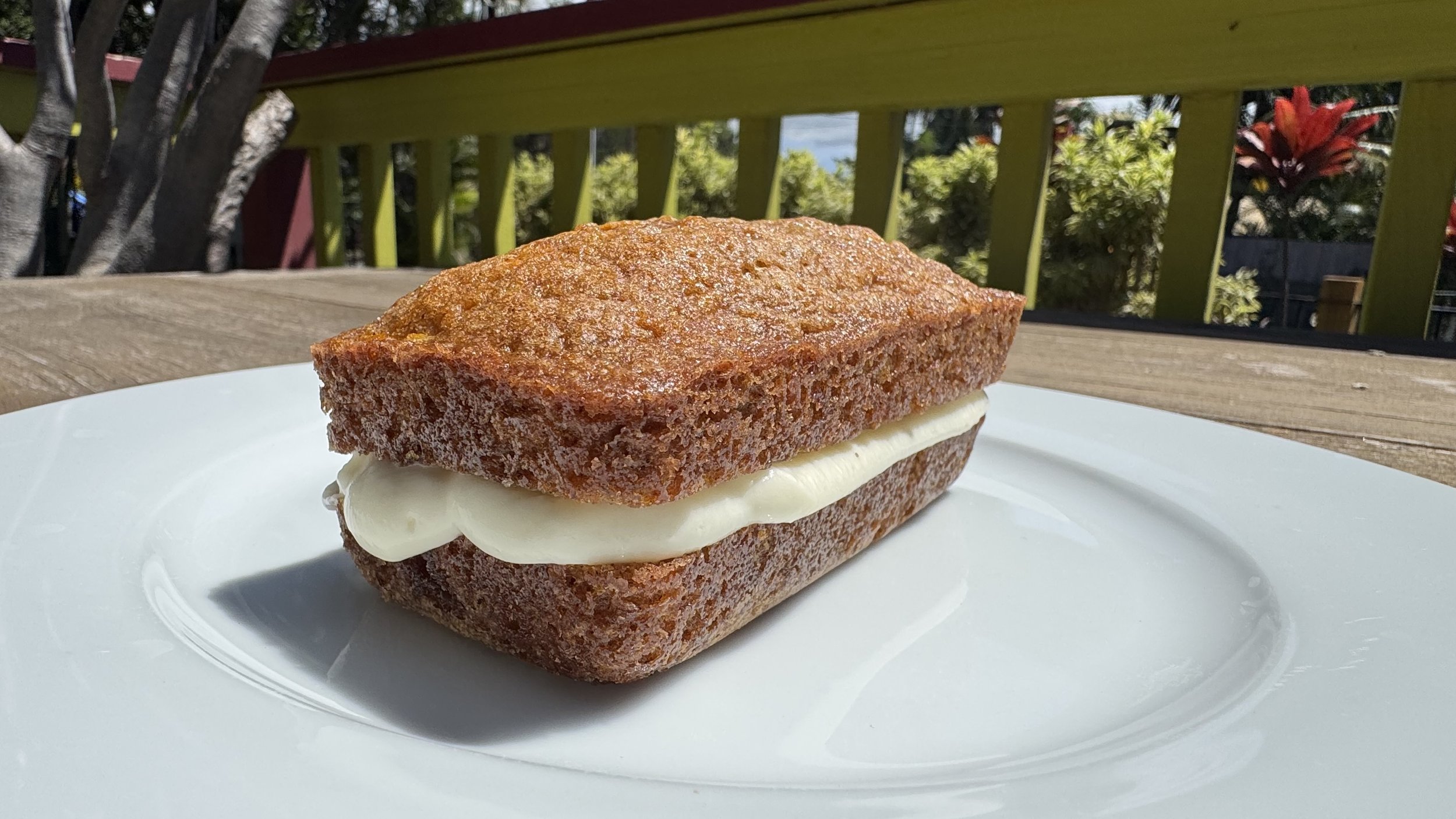 A close-up view of a homemade sandwich on a white plate outdoors. The sandwich has two slices of whole wheat bread, with a layer of mayonnaise or cream cheese inside. The background shows a wooden deck, green fence, and plants with red flowers, sugge