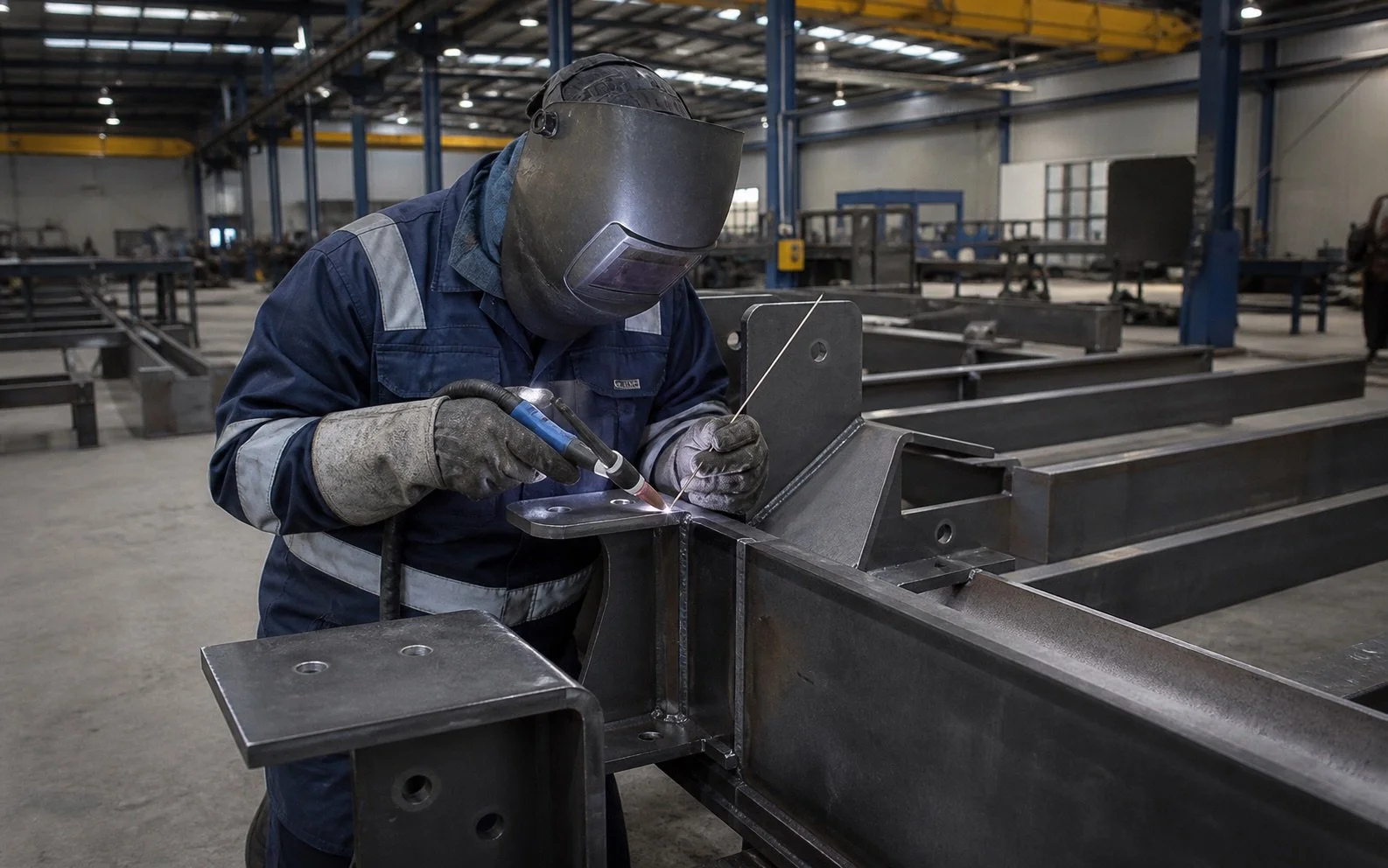 Worker welding metal beams in an industrial factory, wearing safety gear including helmet and gloves.