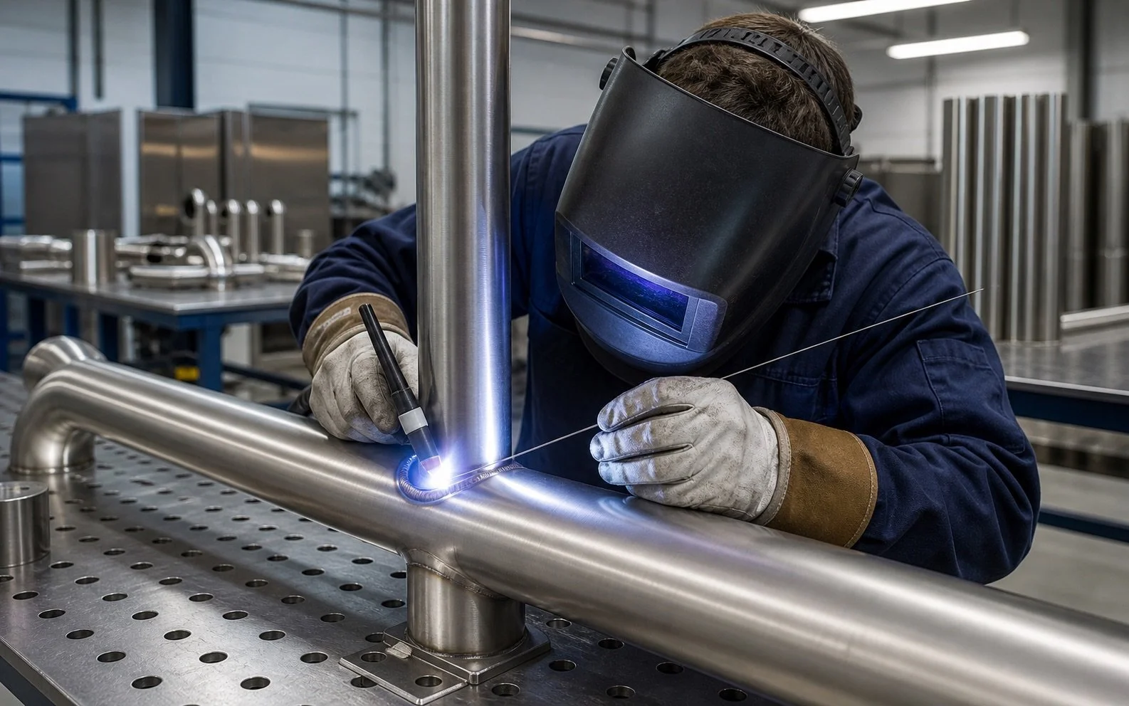 A person wearing a welding helmet and gloves is welding a metal pipe in an industrial workshop.
