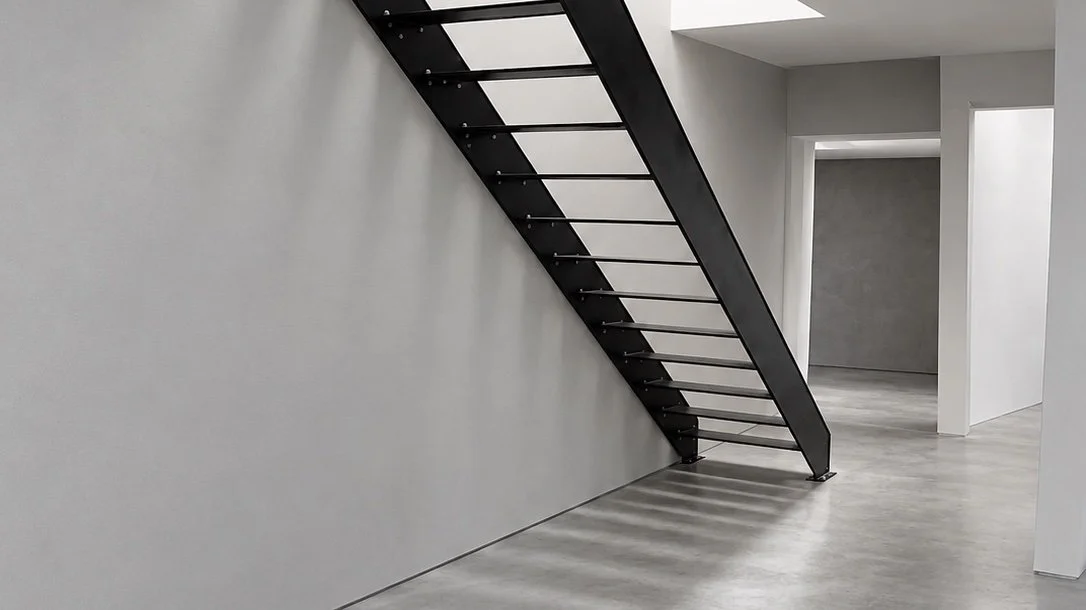 Interior of a modern, minimalist home with a black metal staircase along a white wall and a light-colored floor.