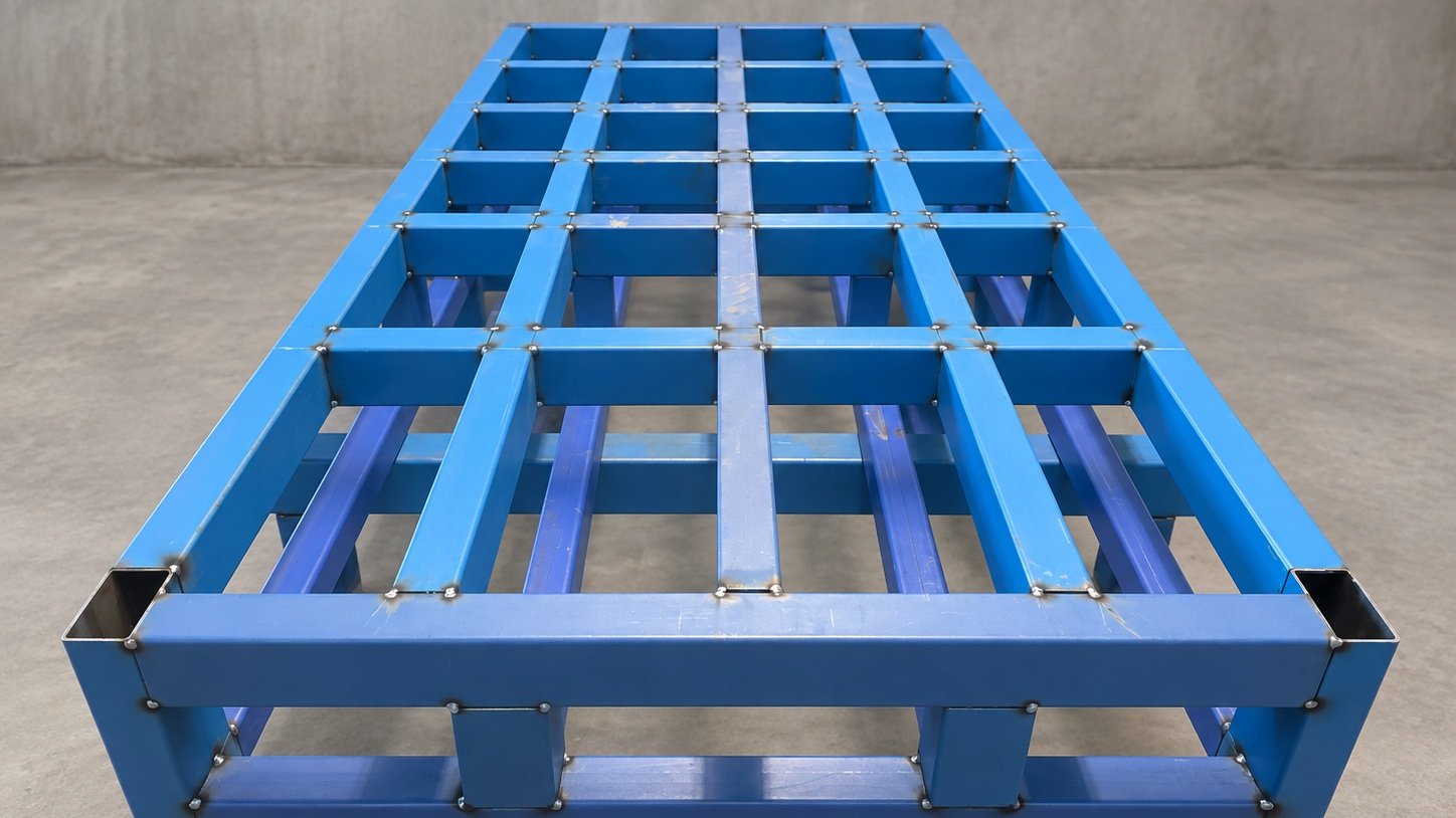 Blue metal pallet with open grid design on a concrete floor.