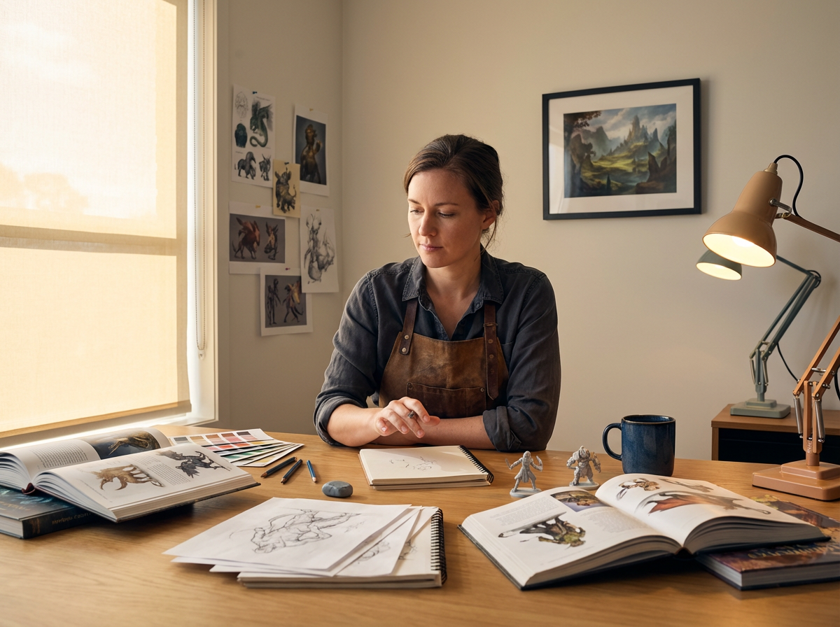 Woman sitting at a desk surrounded by art books, sketches, and miniatures of fantasy creatures in a well-lit room with artwork on the walls.