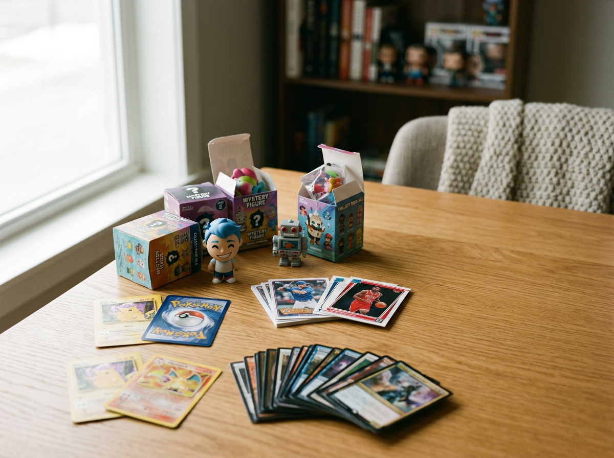 Table with various Pokémon trading cards, figures, and toys, including a Pikachu card, a small humanoid toy, a robot toy, and small boxes of collectible figures, near a window with natural light.