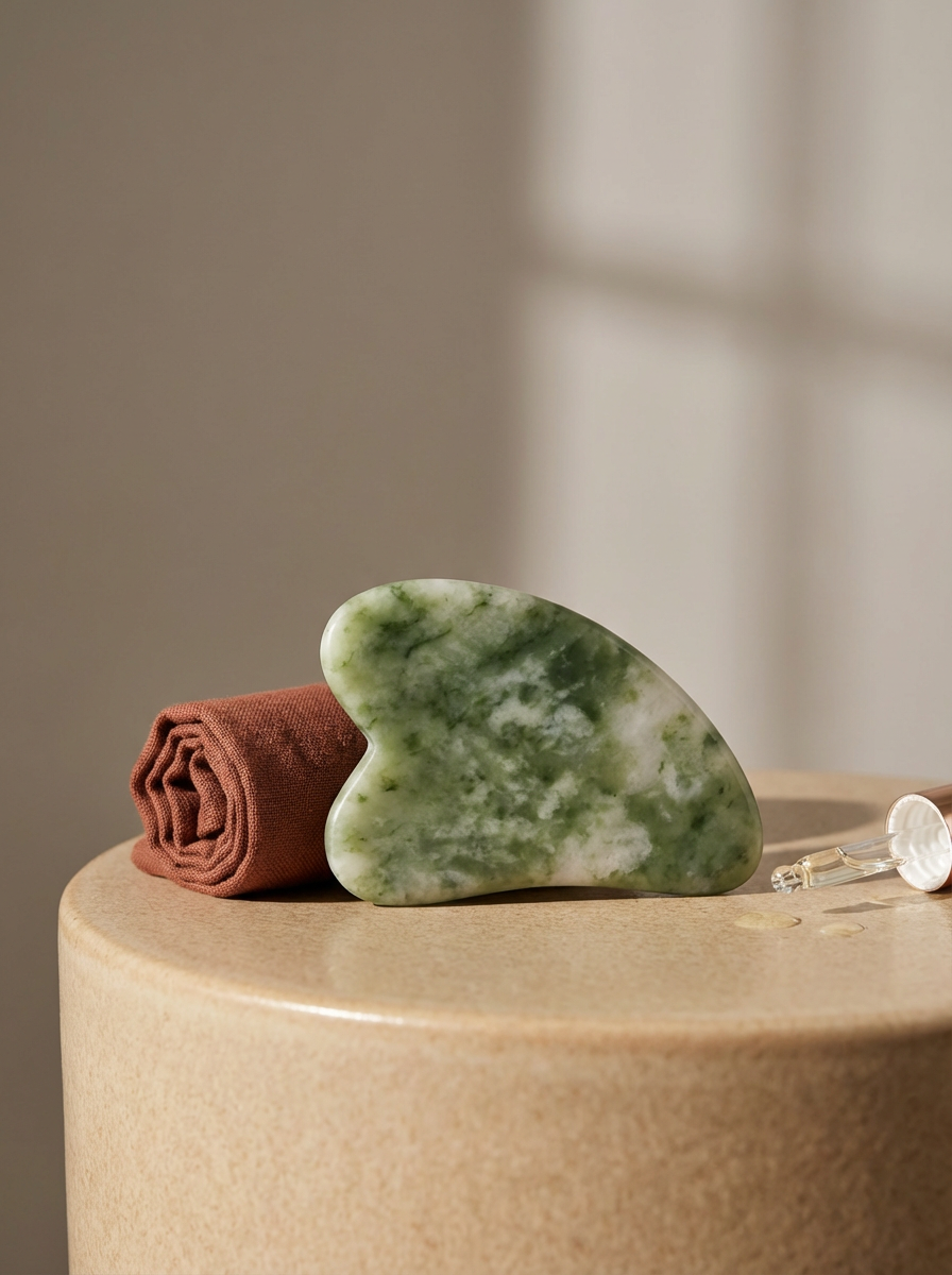Valores de belleza en productos de cuidado personal, incluyendo una piedra de jade, una toalla de tela enrollada y un gotero, sobre una mesa de madera.