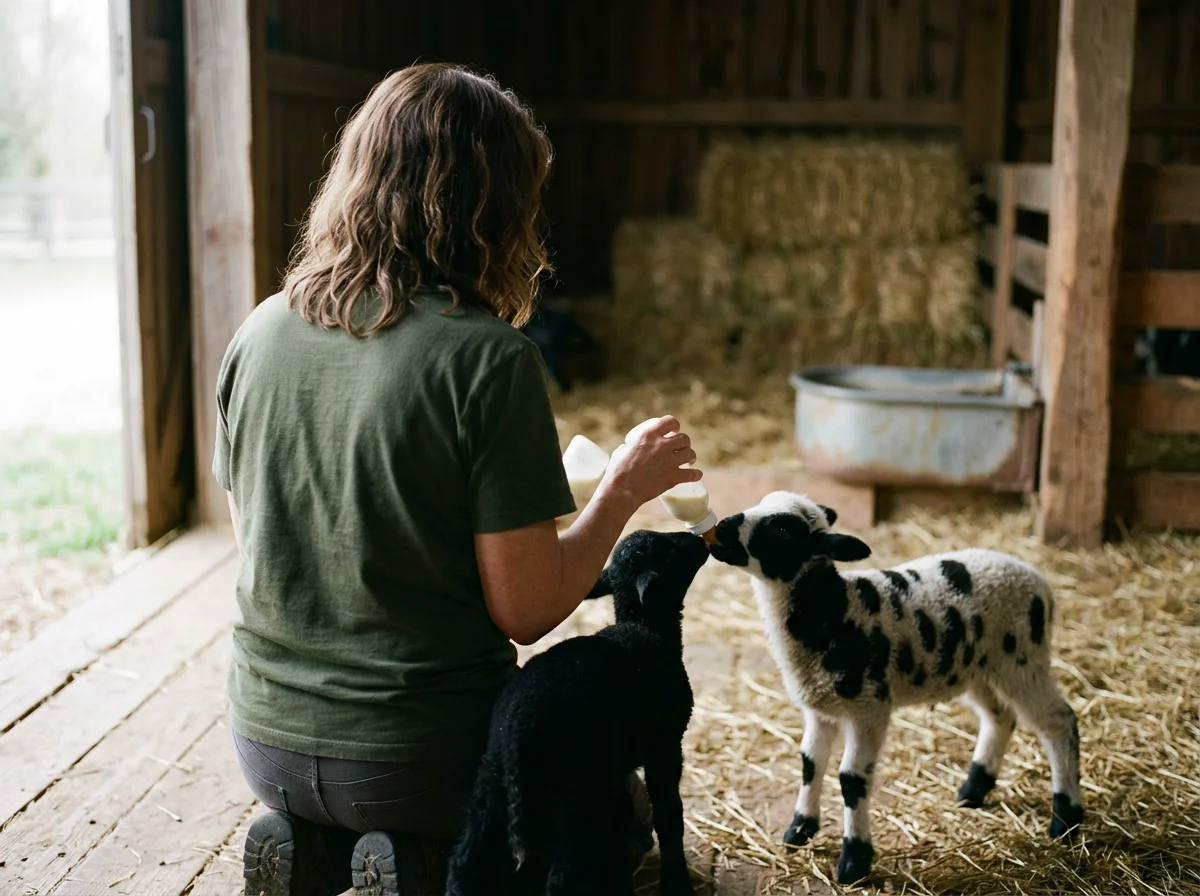 A person feeding a baby goat with a bottle inside a barn.
