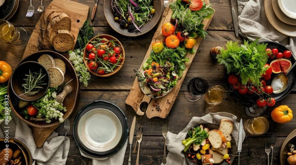 A rustic wooden table set with various fresh vegetables, salads, bread slices, and olive oil, ready for a meal.