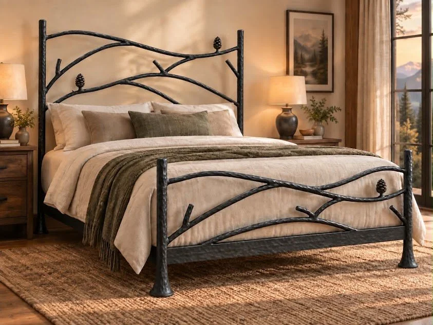 Hand-forged tree branch bed frame with pine cones