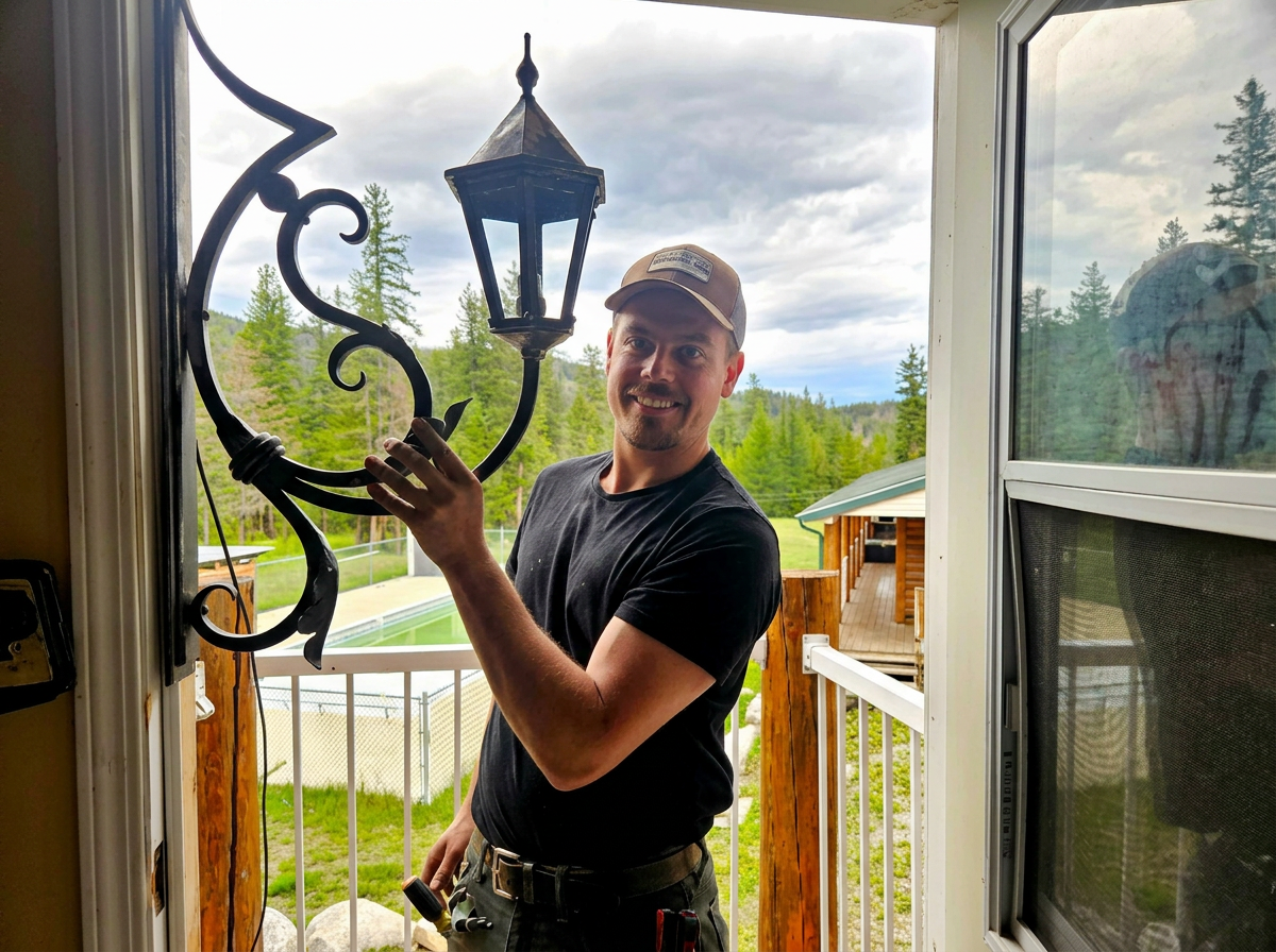 Man standing in doorway holding a decorative outdoor lantern with a mountain landscape in the background.