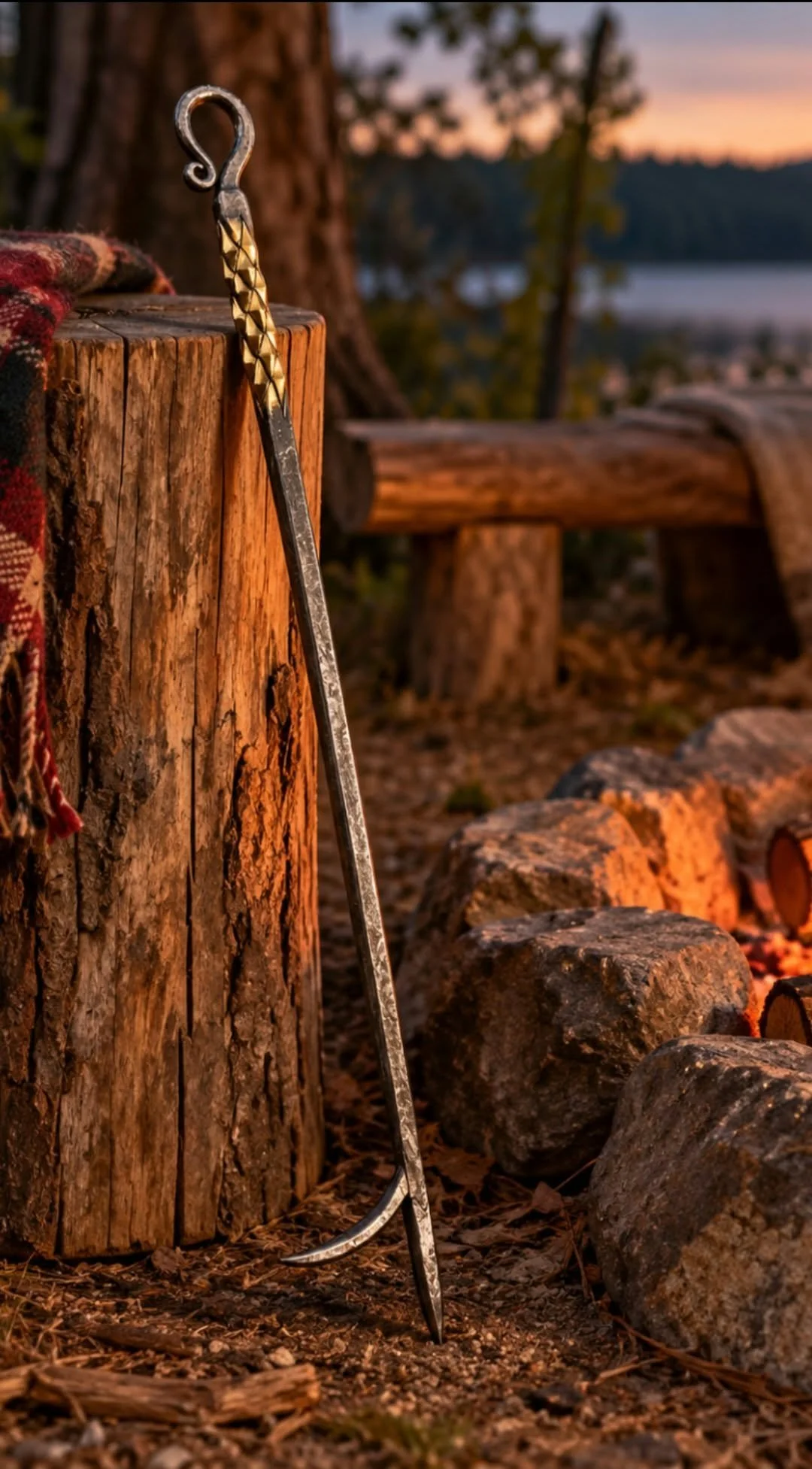 A pickaxe leaning against a tree stump near a campfire with logs, set outdoors during sunset.