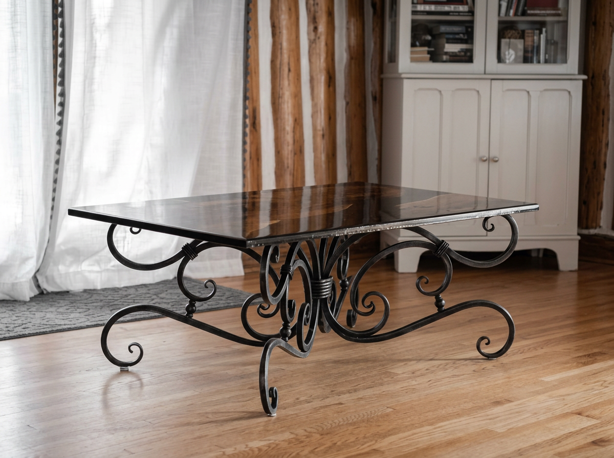 A black wrought iron coffee table with a dark wooden top in a room with wooden floors and curtains.