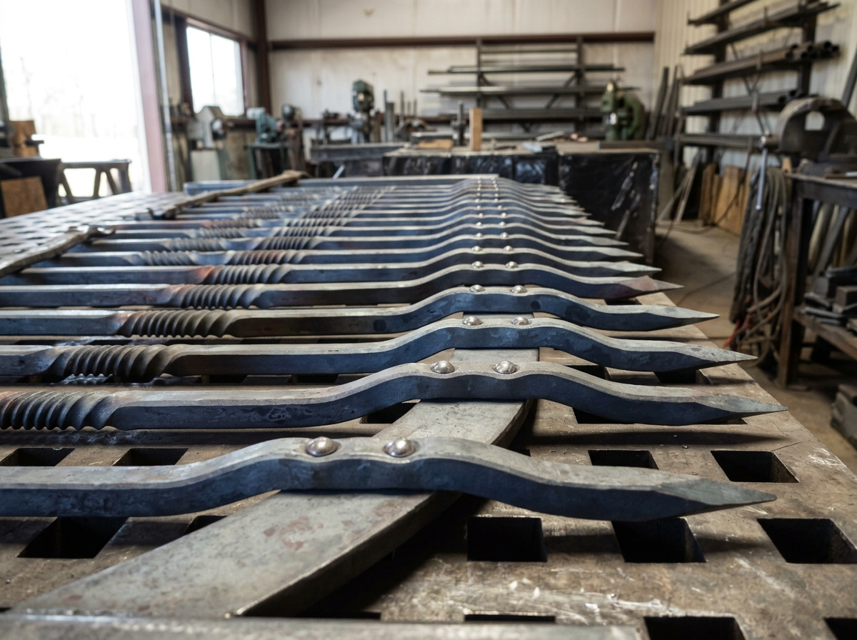 Rows of blacksmith's tongs with twisted handles laid out on a workbench inside a blacksmith's workshop.
