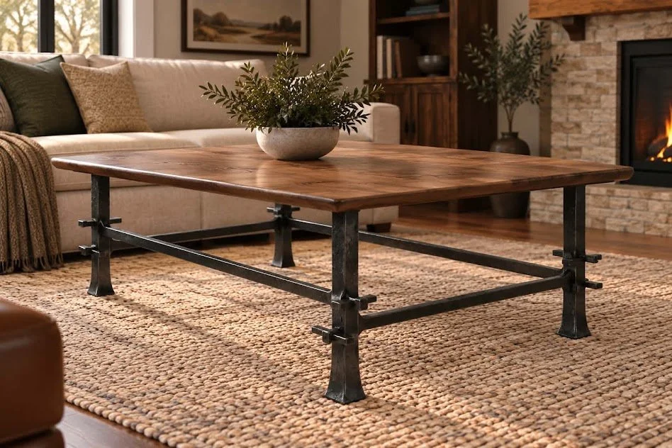 Coffee table with solid steel legs and red oak top