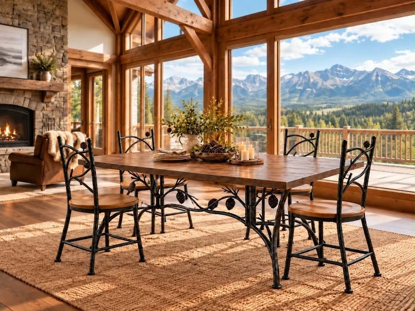 Hand-forged tree branch dining table with pine cones
