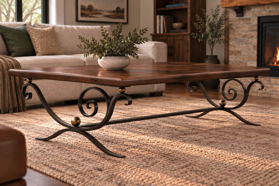 Wrought iron table with red oak top
