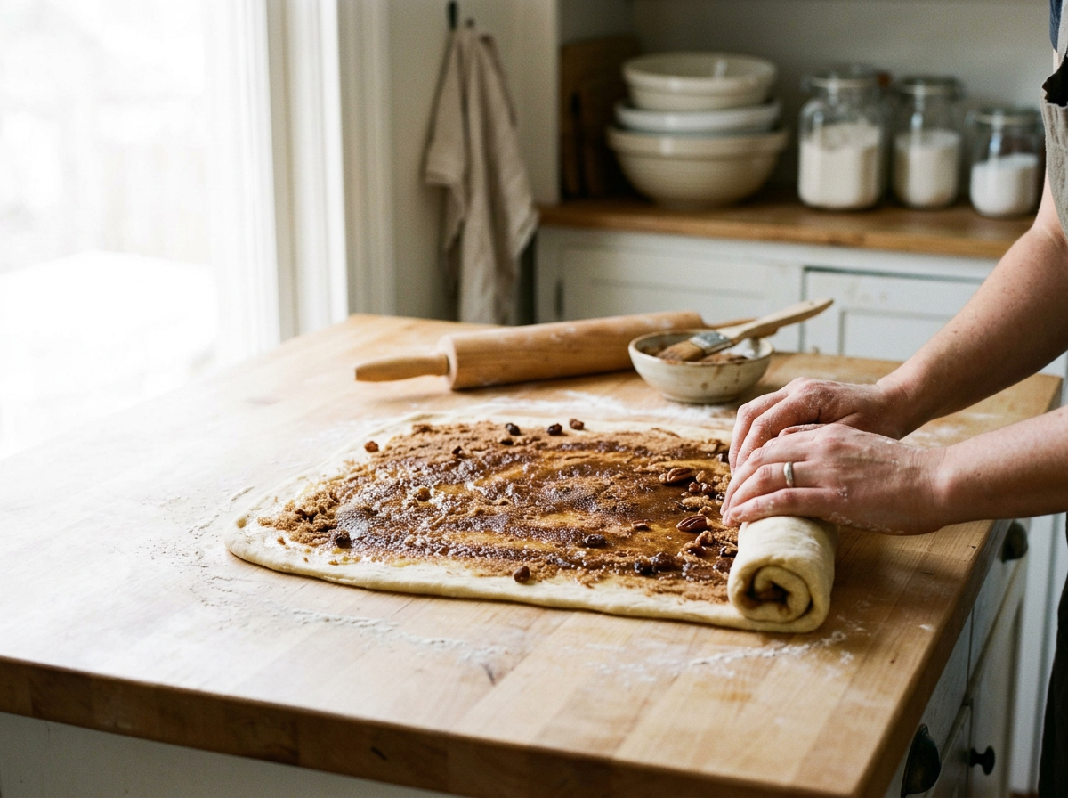 Person rolling out cinnamon roll dough with filling on a wooden kitchen table, surrounded by baking utensils and jars.