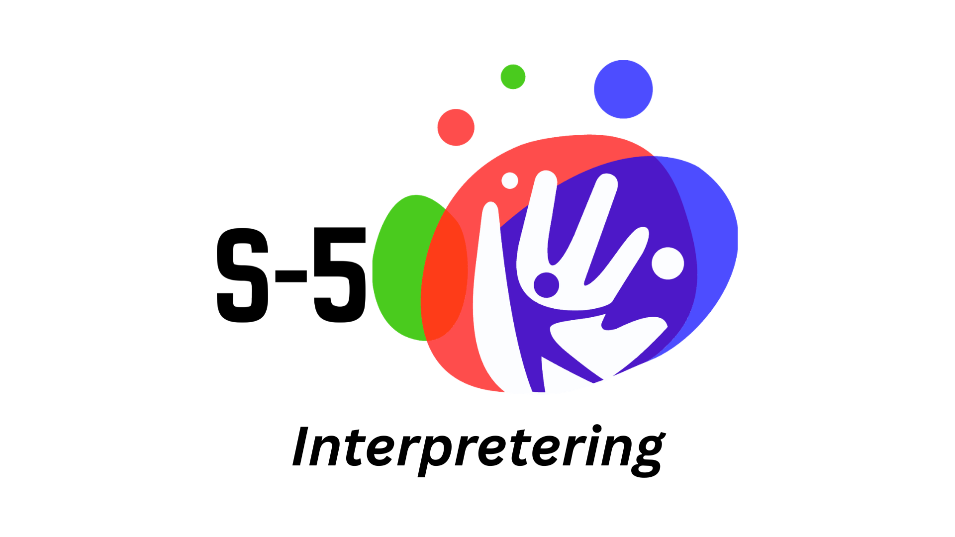 Colorful abstract logo with circles and a peace sign hand gesture, with the text '5-5 Interpreting'