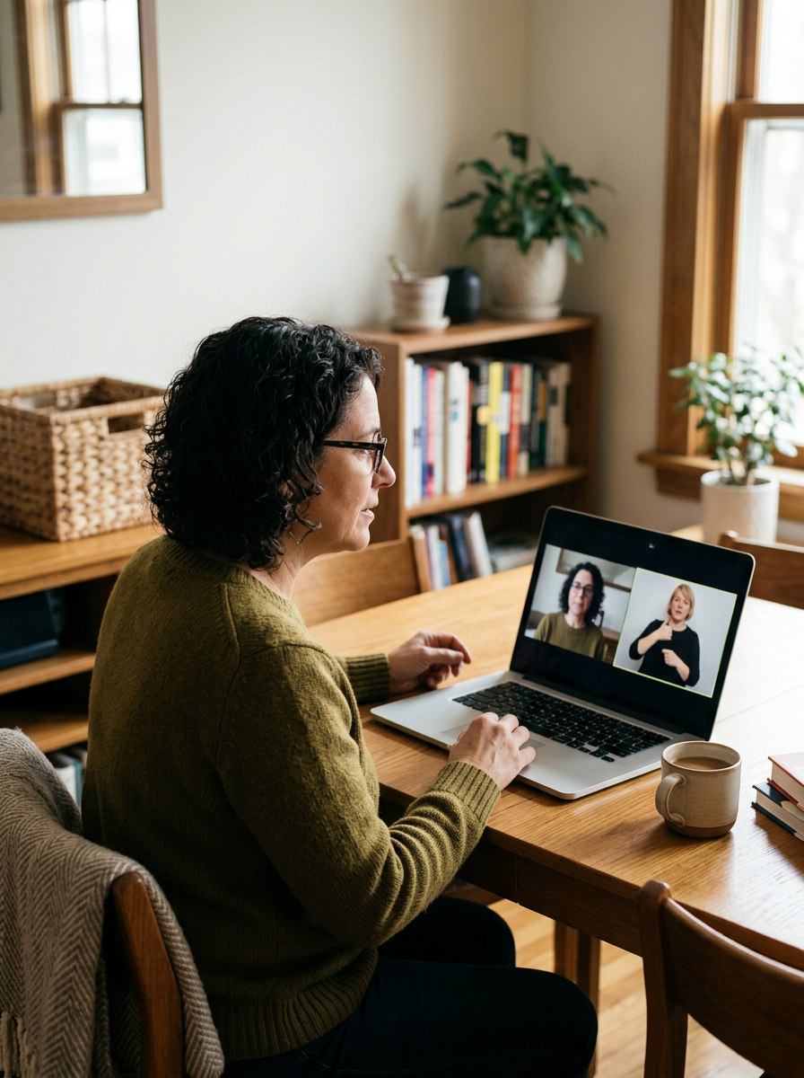 Woman in glasses participating in a video call on her laptop, with a sign language interpreter in another window, in a cozy home office with books and plants.