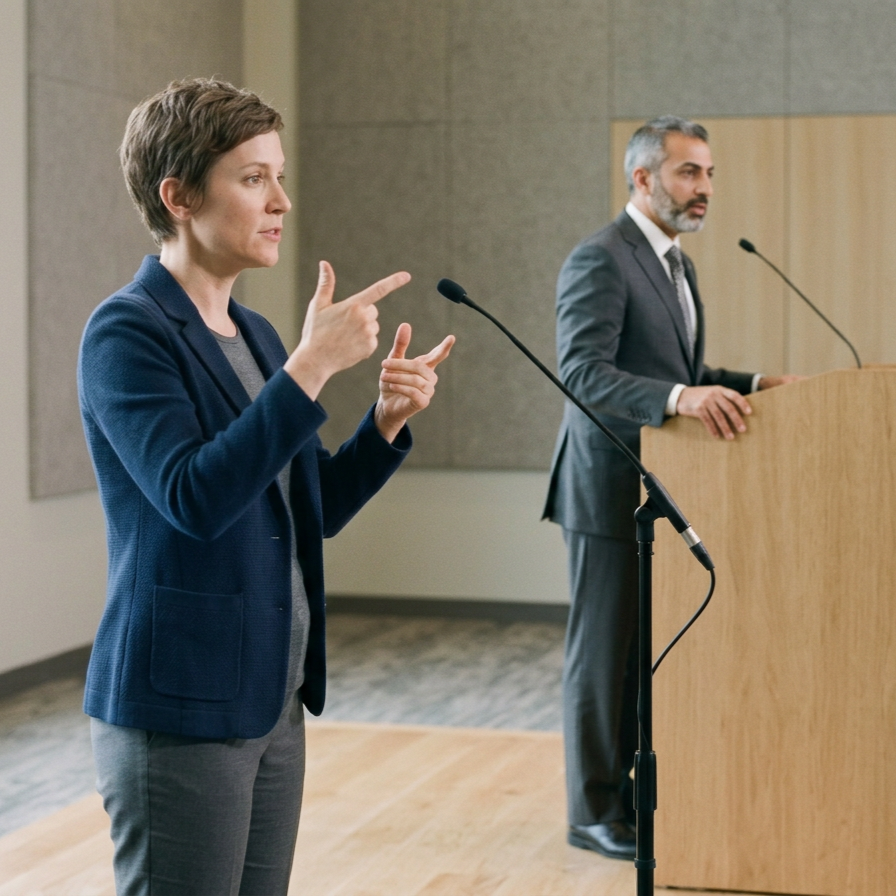 A woman in a blue blazer speaks at a microphone, gesturing with her hands, while a man in a suit stands behind a podium listening.