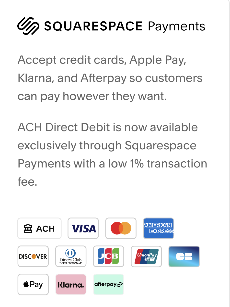 SquareSpace Payments acceptance methods including credit cards, Apple Pay, Klarna, and Afterpay, with icons of ACH, Visa, Mastercard, American Express, Discover, Diners Club, JCB, UnionPay, Google Pay, Apple Pay, Klarna, and Afterpay.