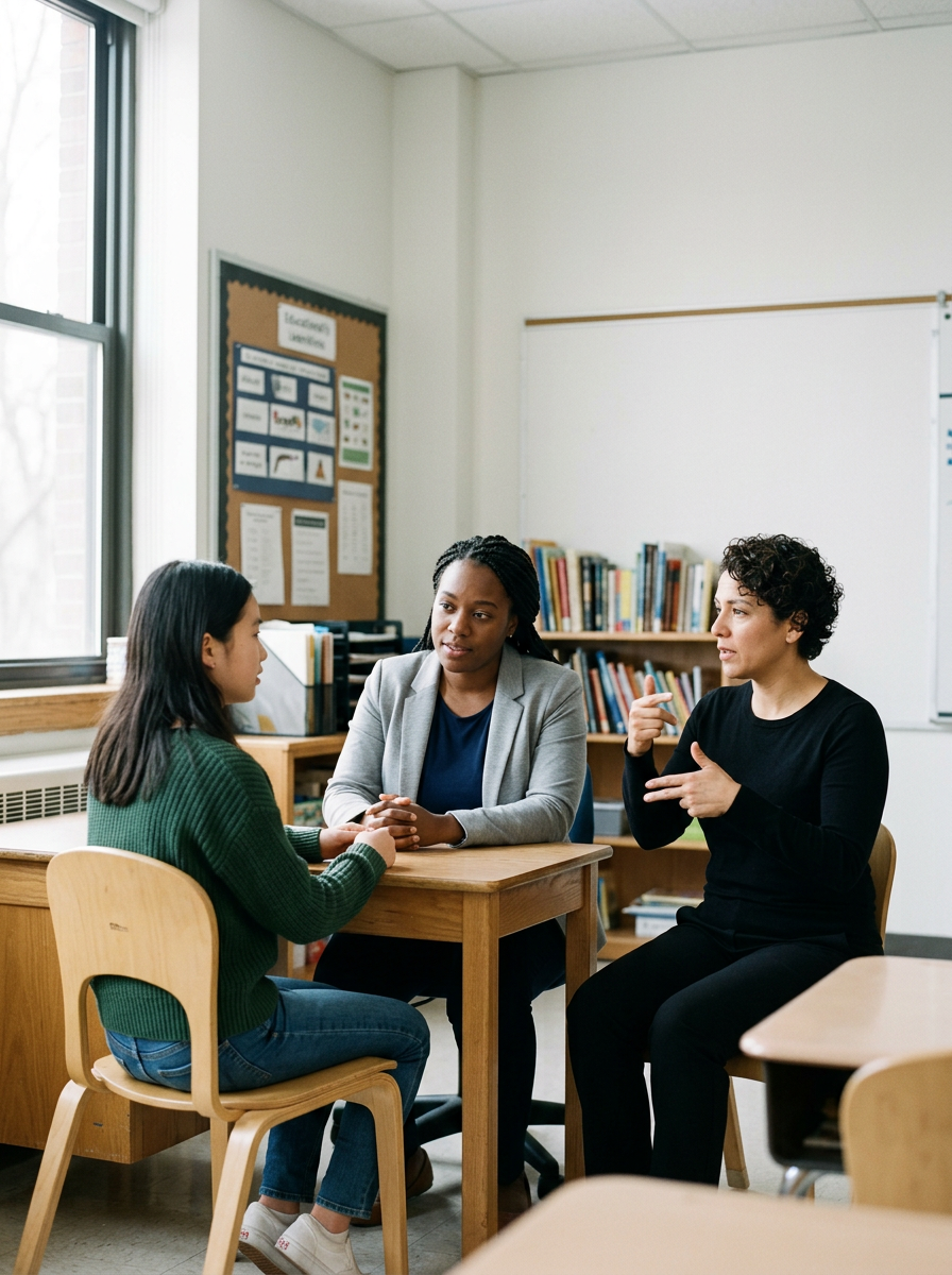 A student and two women having a conversation in a classroom.