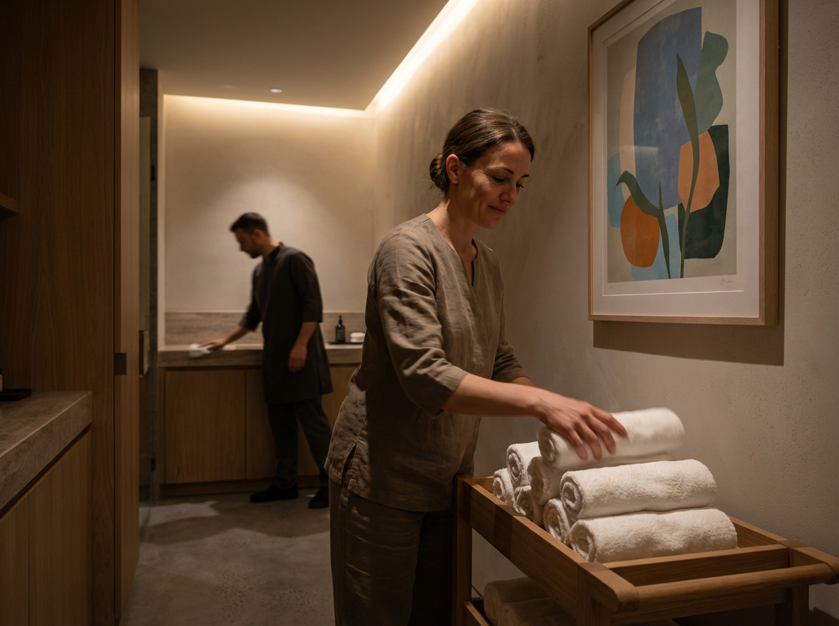 A woman folding white towels in a spa or hotel setting, with a man cleaning in the background.