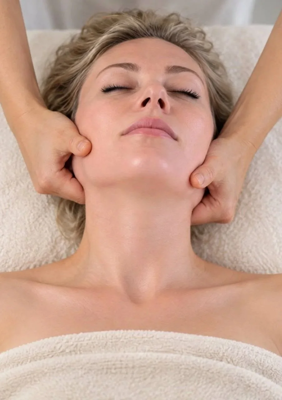 Facial massage at WavEmbrace in Westwood, Los Angeles, with hands working along the jawline and neck.