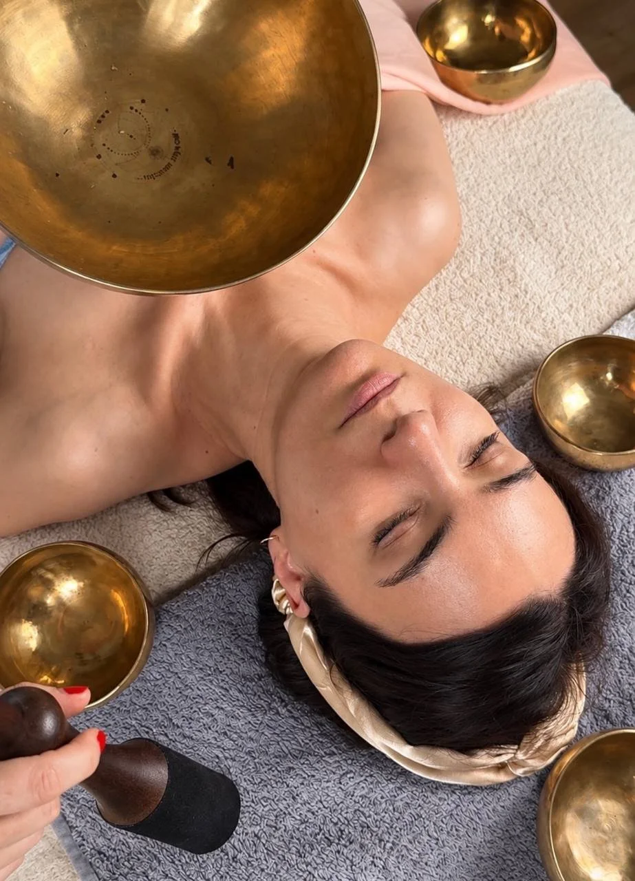 Sound healing / singing bowls  Tibetan singing bowl relaxation ritual before a personalized facial massage treatment in WavEmbrace