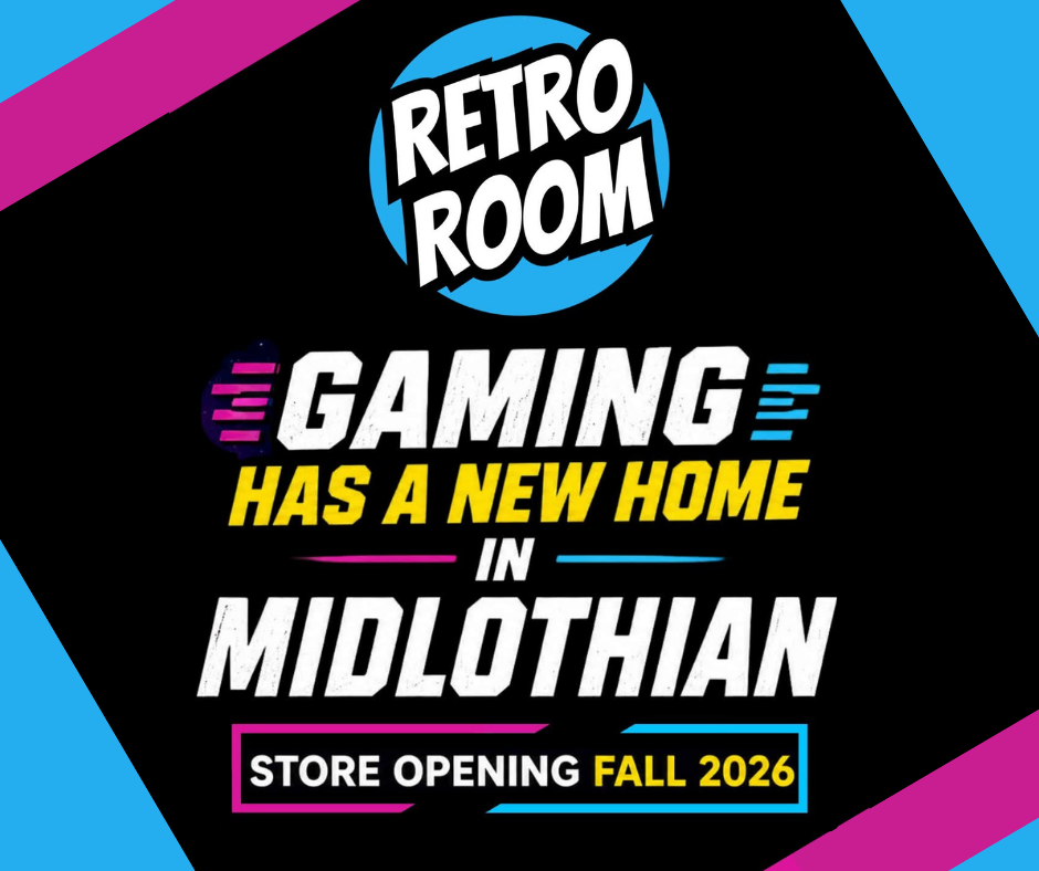 Announcement for a new gaming store called Retro Room opening in Midlothian, fall 2026.