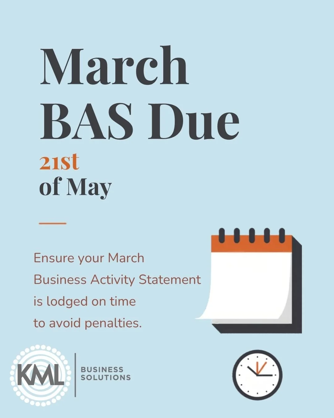 Reminder! March BAS is due for lodgment and payment on the 21st of May. Reach out to us at admin@kmlbs.com.au if you need support with lodgment ‼️