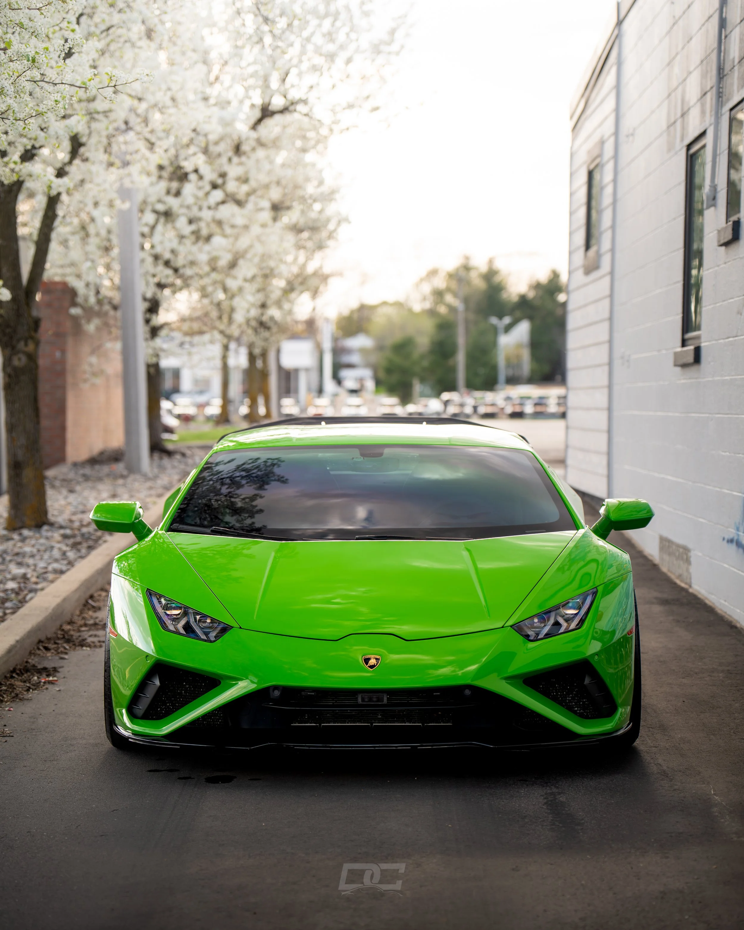 A bright green Lamborghini sports car after an exterior detail in Lansing, MI