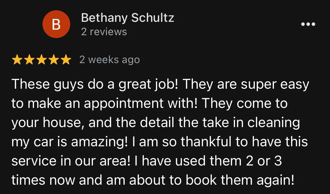 Screenshot of a 5-star review for a cleaning service, written by Bethany Schultz, praising the company's ease of appointment and thorough car cleaning.